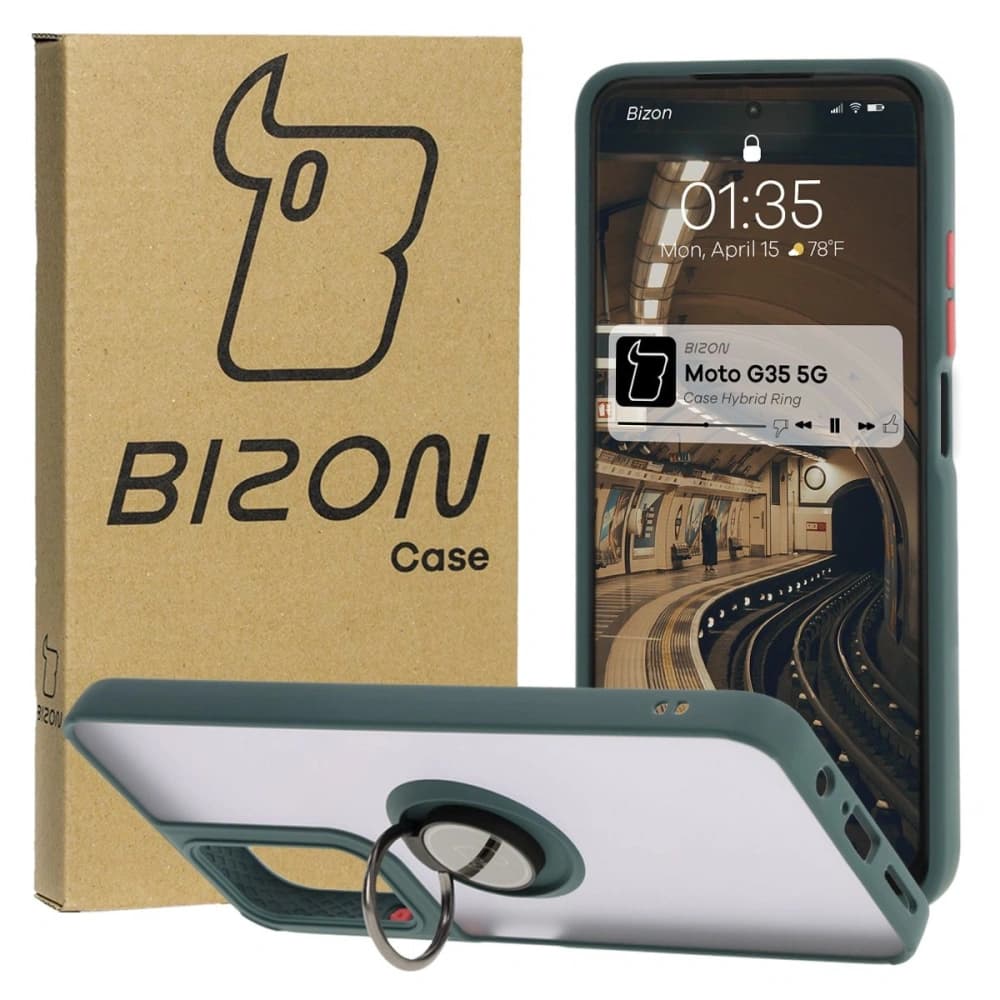 Etui z uchwytem na palec Bizon Case Hybrid Ring do Motorola Moto G35 5G zakouřené s tmavě zeleným rámečkem - 1