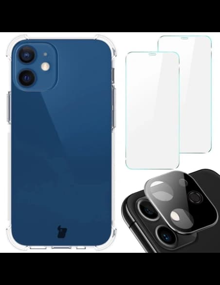 Bizon Case Clear Pack carcasă + 2x sticlă de protecție + sticlă pentru lentile Apple iPhone 12 Mini transparentă