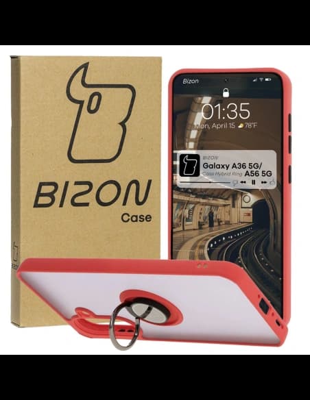 Etui z uchwytem na palec Bizon Case Hybrid Ring do Samsung Galaxy A36 5G / A56 5G zakouřená s červeným rámečkem