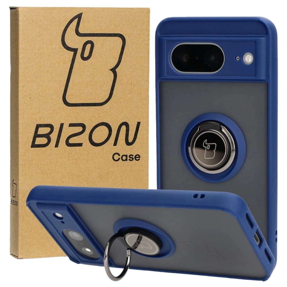Etui z uchwytem na palec Bizon Case Hybrid Ring do Google Pixel 8 przydymione z granatową ramką - 1