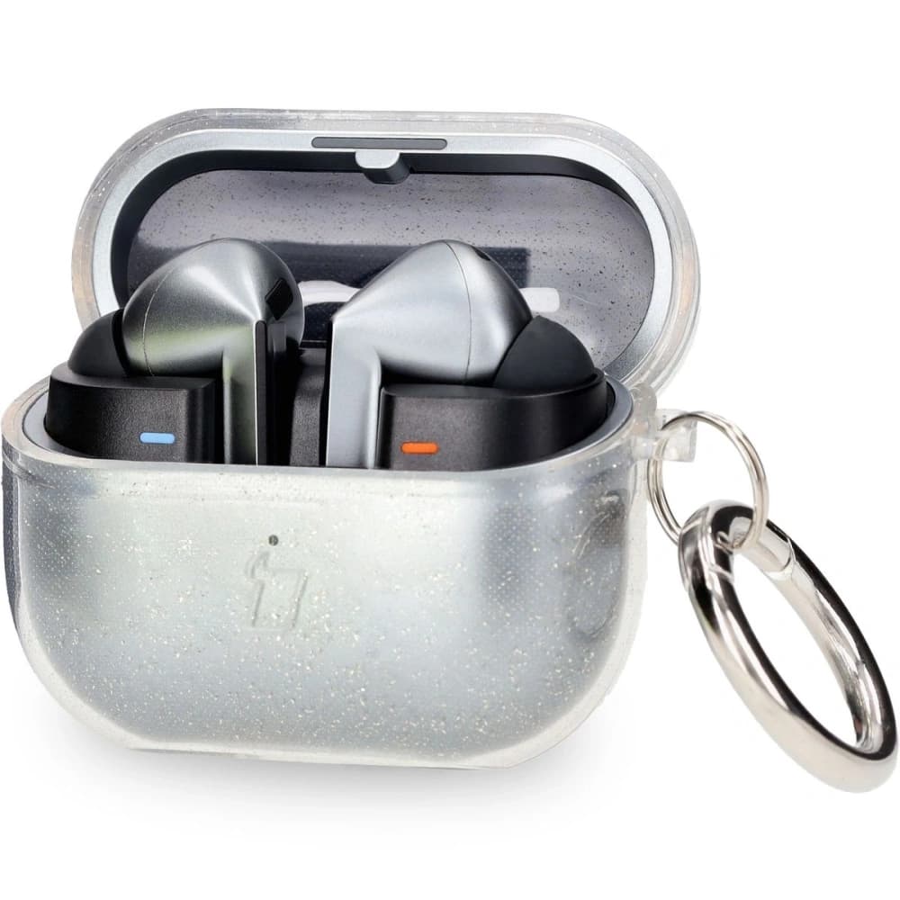 Elastické pouzdro s karabinou Bizon Case Headphone Clear pro Samsung Galaxy Buds 3/3 Pro průhledné s třpytkami - 1