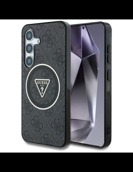 Etui Guess 4G Glitter Triangle Buttons MagSafe do Samsung Galaxy S25+ Plus czarny