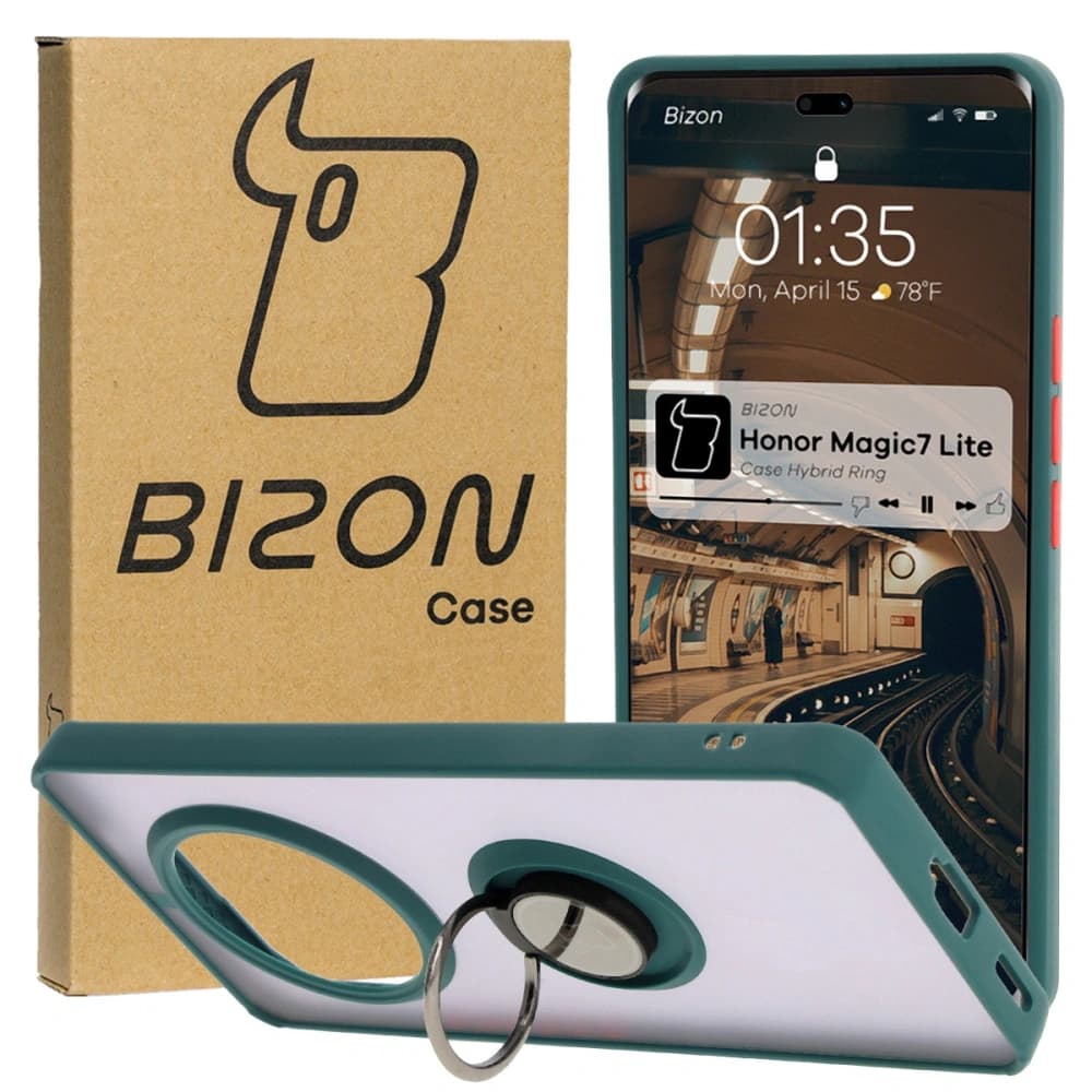 Bizon Case Hybrid Ring Honor Magic7 Lite smoky with a dark green frame - 1
