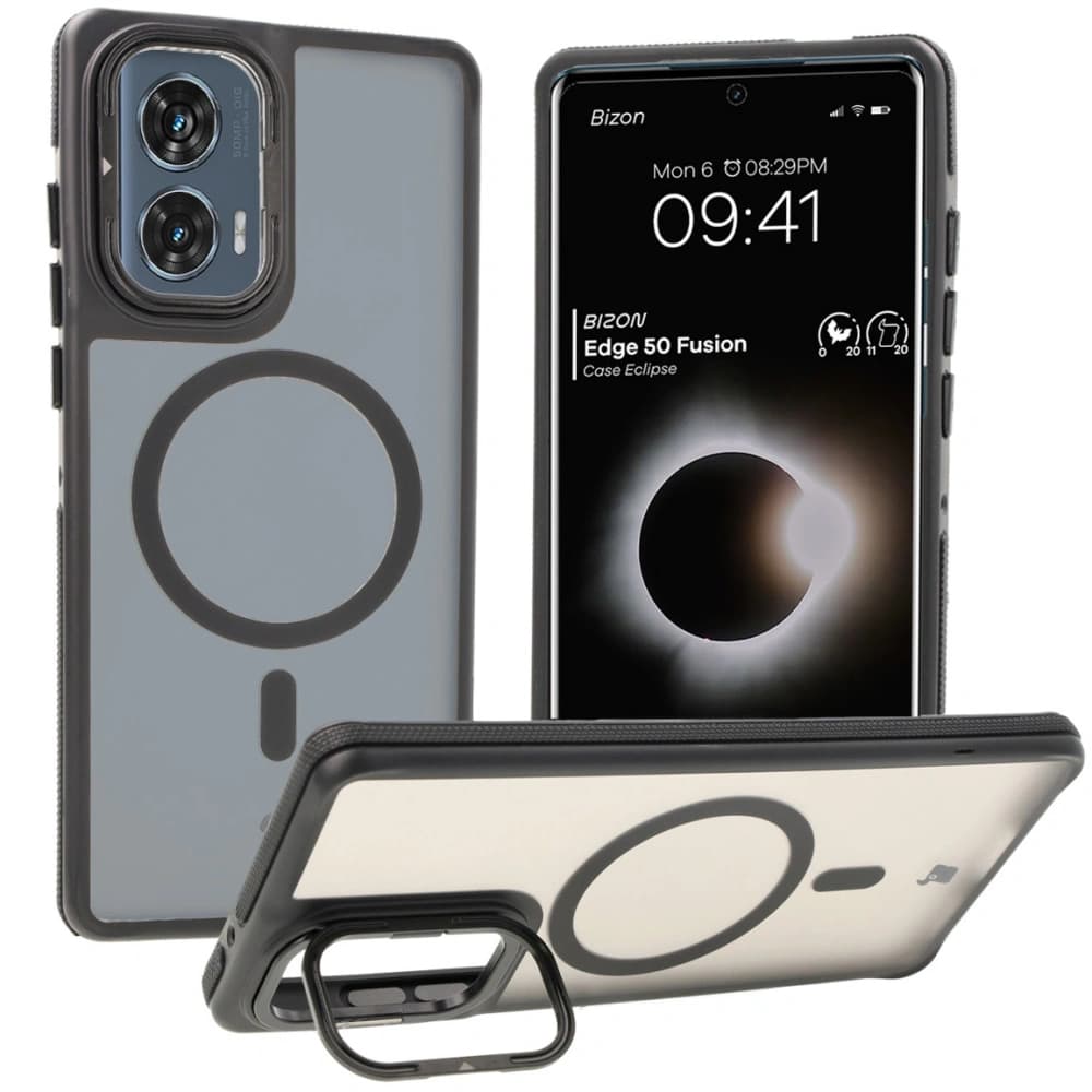 Pouzdro s podstavcem a magnetickým kroužkem Bizon Case Eclipse pro Motorola Edge 50 Fusion kouřové s černým rámečkem - 1