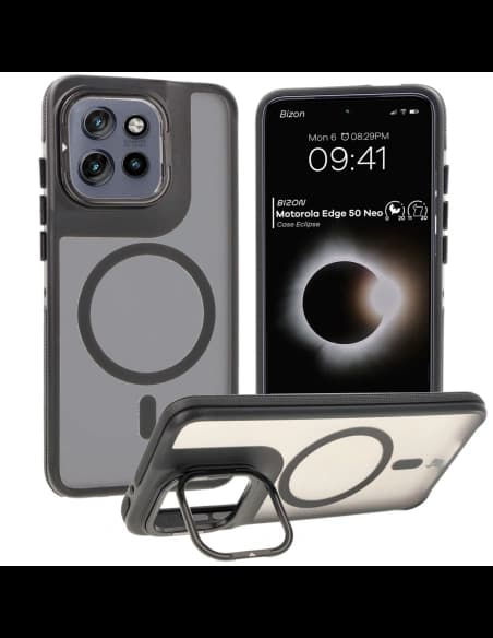 Etui z podstawką i pierścieniem magnetycznym Bizon Case Eclipse do Motorola Edge 50 Neo przydymione z czarną ramką