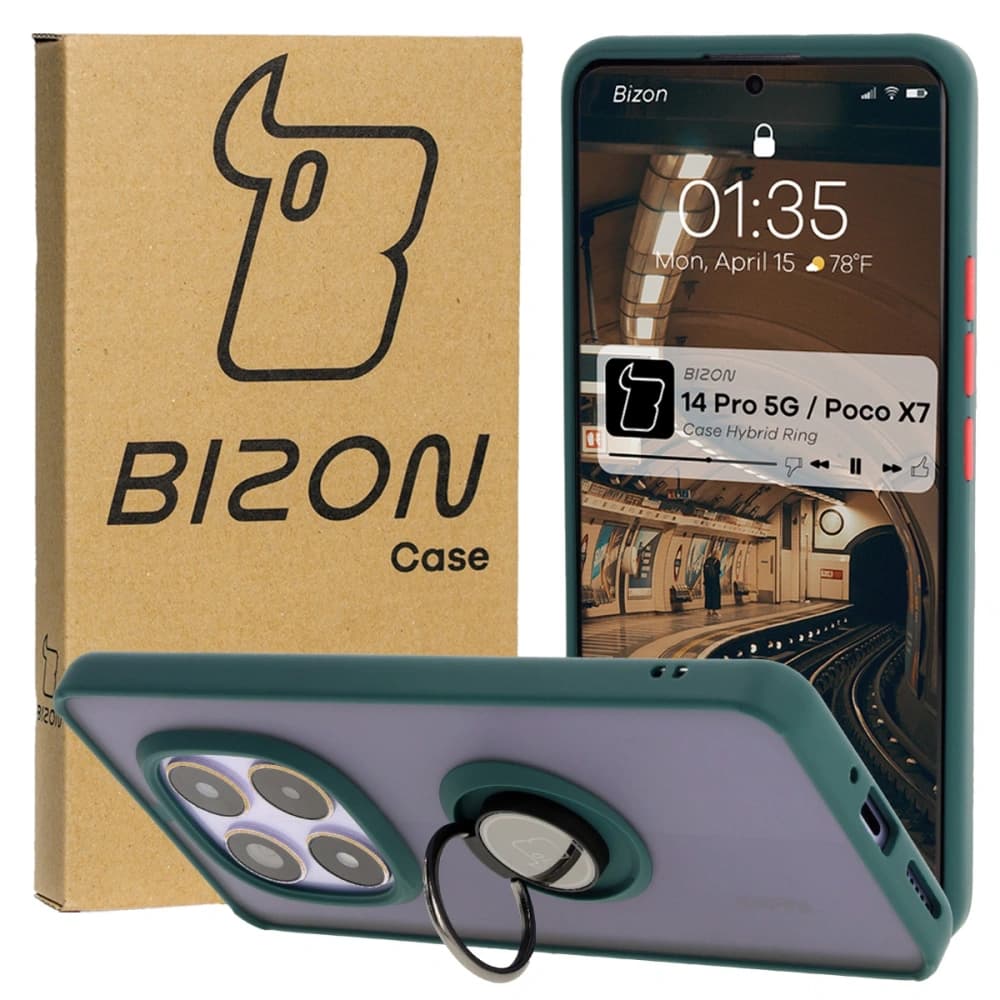 Etui s držákem na prst Bizon Case Hybrid Ring do Xiaomi Redmi Note 14 Pro 5G / Poco X7 kouřové s tmavozeleným rámečkem - 1