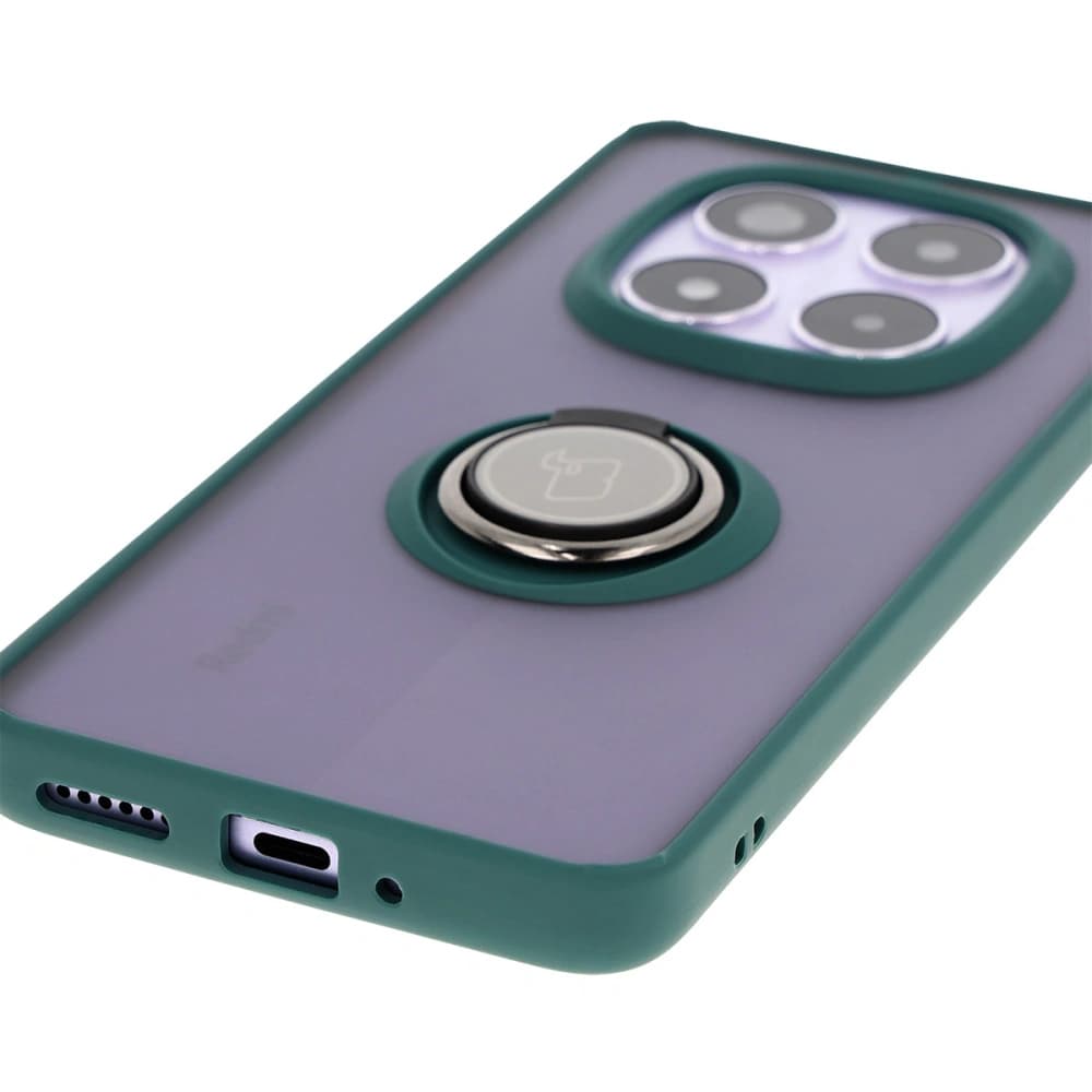 Etui s držákem na prst Bizon Case Hybrid Ring do Xiaomi Redmi Note 14 Pro 5G / Poco X7 kouřové s tmavozeleným rámečkem - 5