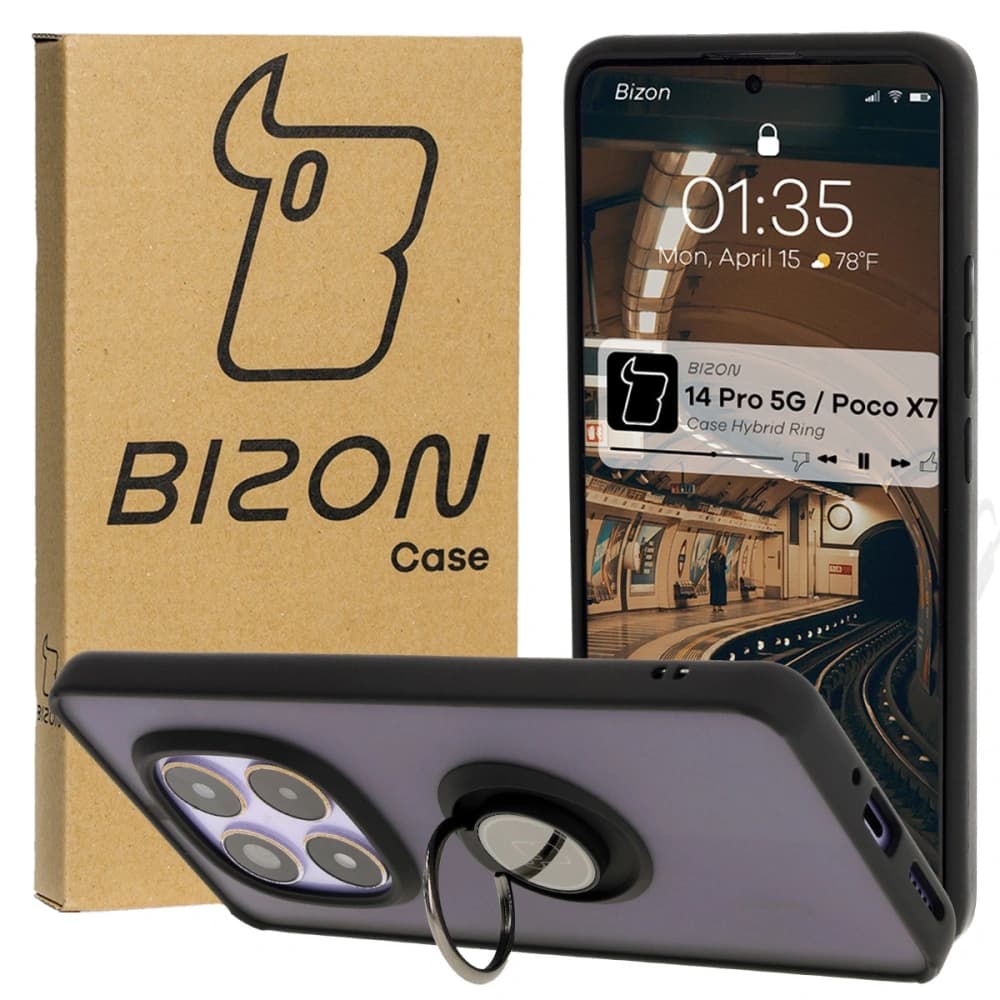 Bizon Case Hybrid Ring Xiaomi Redmi Note 14 Pro 5G / Poco X7 rauchig mit einem schwarzen Rahmen