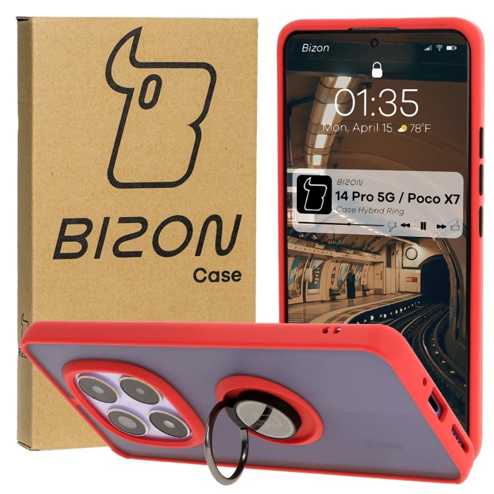 Bizon Case Hybrid Ring Xiaomi Redmi Note 14 Pro 5G / Poco X7 rauchig mit einem roten Rahmen