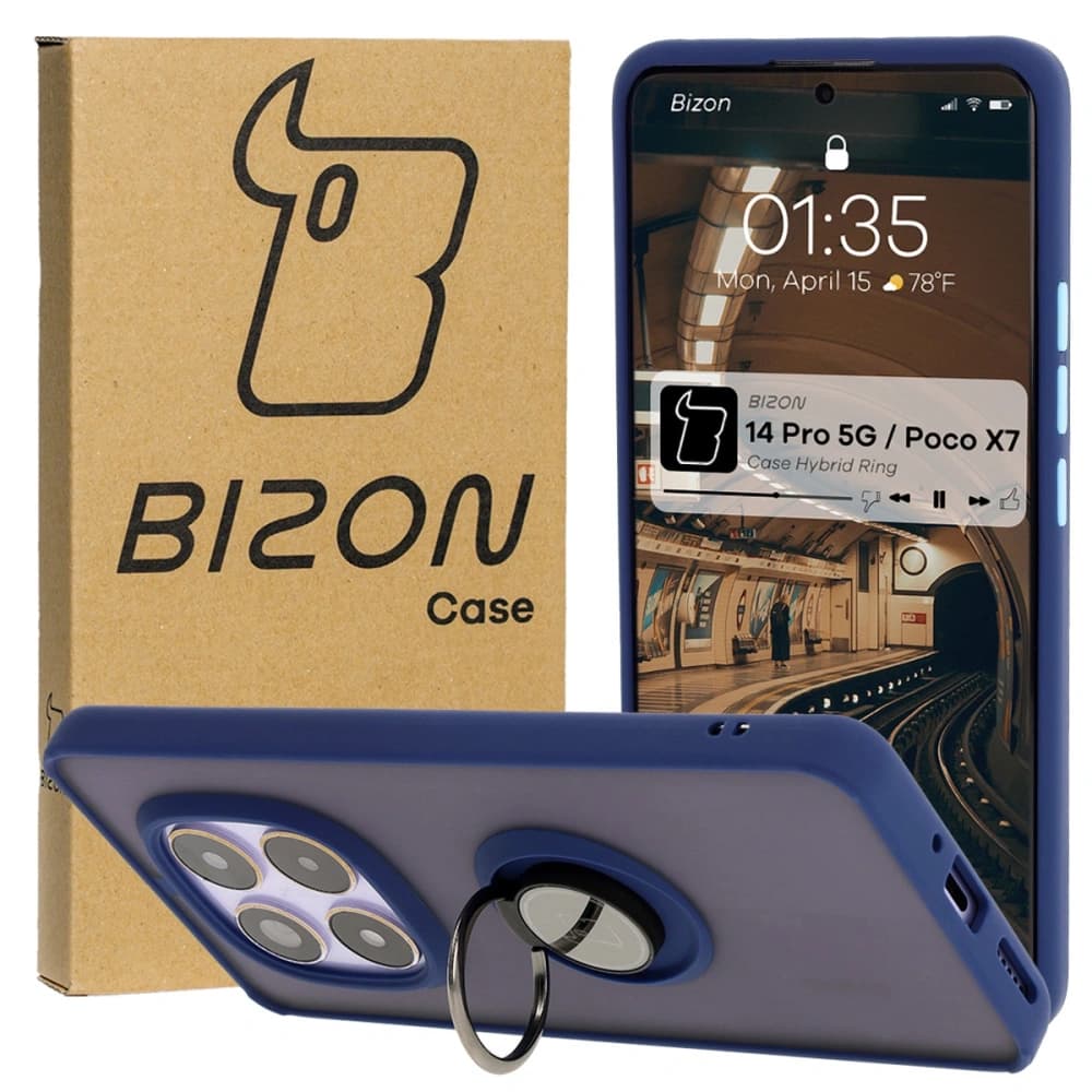 Bizon Case Hybrid Ring Xiaomi Redmi Note 14 Pro 5G / Poco X7 fumuriu cu un cadru albastru închis - 1