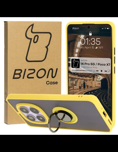 Bizon Case Hybrid Ring Xiaomi Redmi Note 14 Pro 5G / Poco X7 rauchig mit einem gelben Rahmen