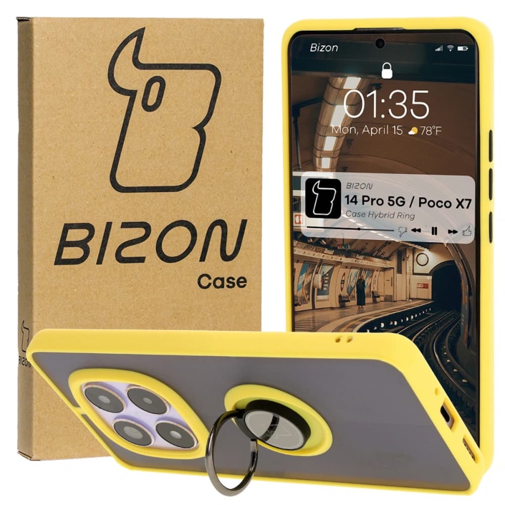 Bizon Case Hybrid Ring Xiaomi Redmi Note 14 Pro 5G / Poco X7 rauchig mit einem gelben Rahmen - 1