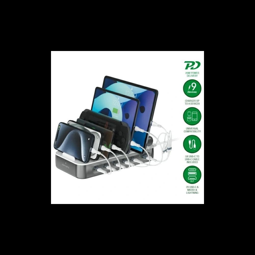 4smarts Csapat 100W USB-A, 5xUSB-C töltőállomás kábel szettel, űrszürke színben - 5