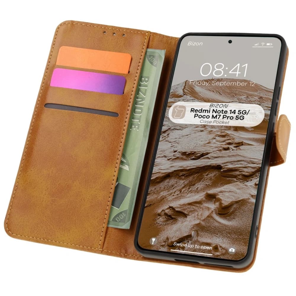 Etui z klapką Bizon Case Pocket do Xiaomi Redmi Note 14 5G / Poco M7 Pro 5G hnědé - 1