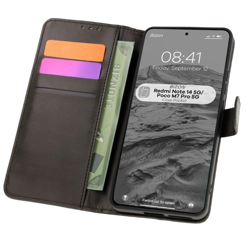 Etui s klopou Bizon Case Pocket pro Xiaomi Redmi Note 14 5G / Poco M7 Pro 5G černé - 1