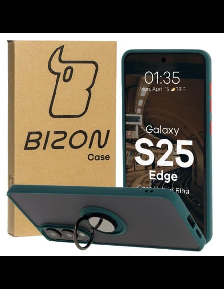 Bizon Case Hybrid Ring Samsung Galaxy S25 Edge fumuriu cu un cadru verde închis