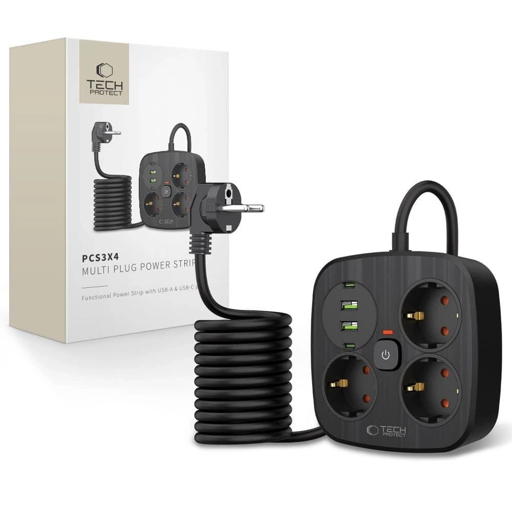 Tech-Protect PCS3X4 Power Strip 2xUSB-A, 2xUSB-C, 3xSocket AC 200cm Black - 1