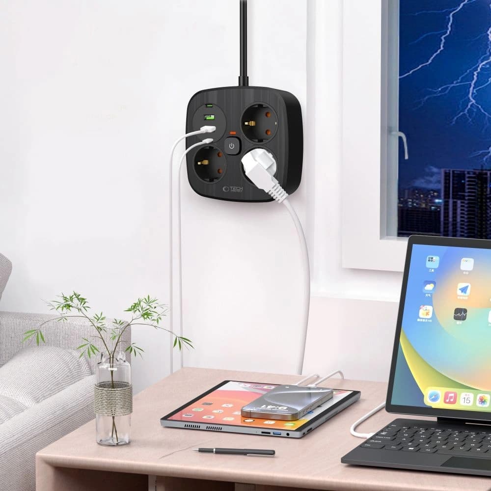 Tech-Protect PCS3X4 Power Strip 2xUSB-A, 2xUSB-C, 3xSocket AC 200cm Black - 5