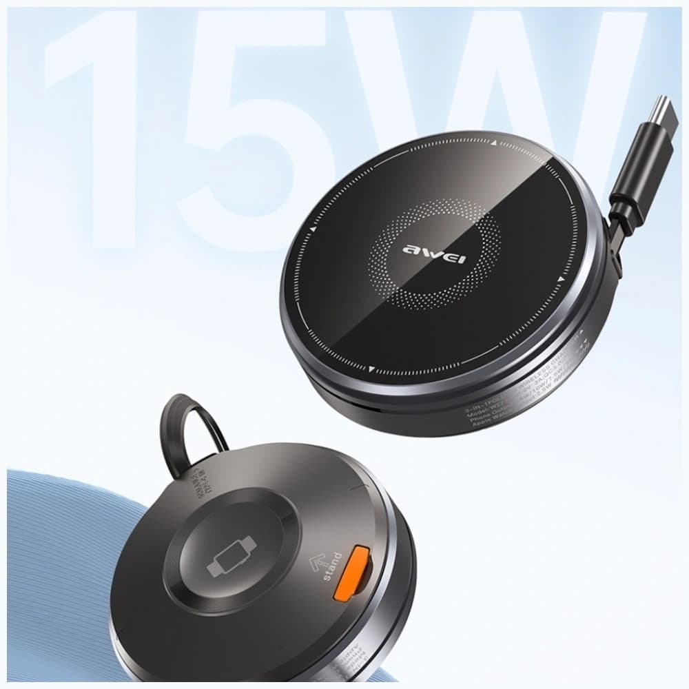 AWEI W27 15W 3-in-1 Încărcător Inducție MagSafe pentru telefon, ceas cu cablu USB-C de Încărcare Rapidă negru - 3
