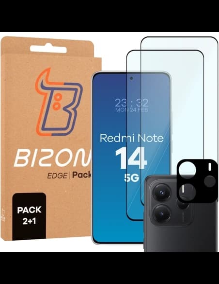 Bizon Edge 2 Pack 2x gehärtetes Glas + Linsenschutz für Xiaomi Redmi Note 14 5G
