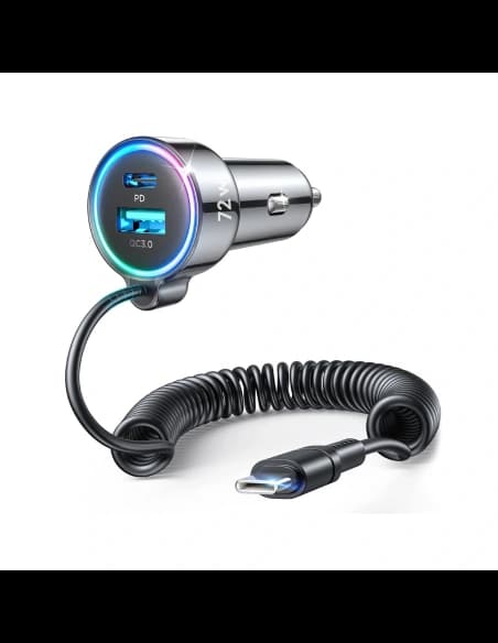 Joyroom JR-CL07 72W 3-in-1 Car Charger with Built-in 1.6m USB-C Cable Black