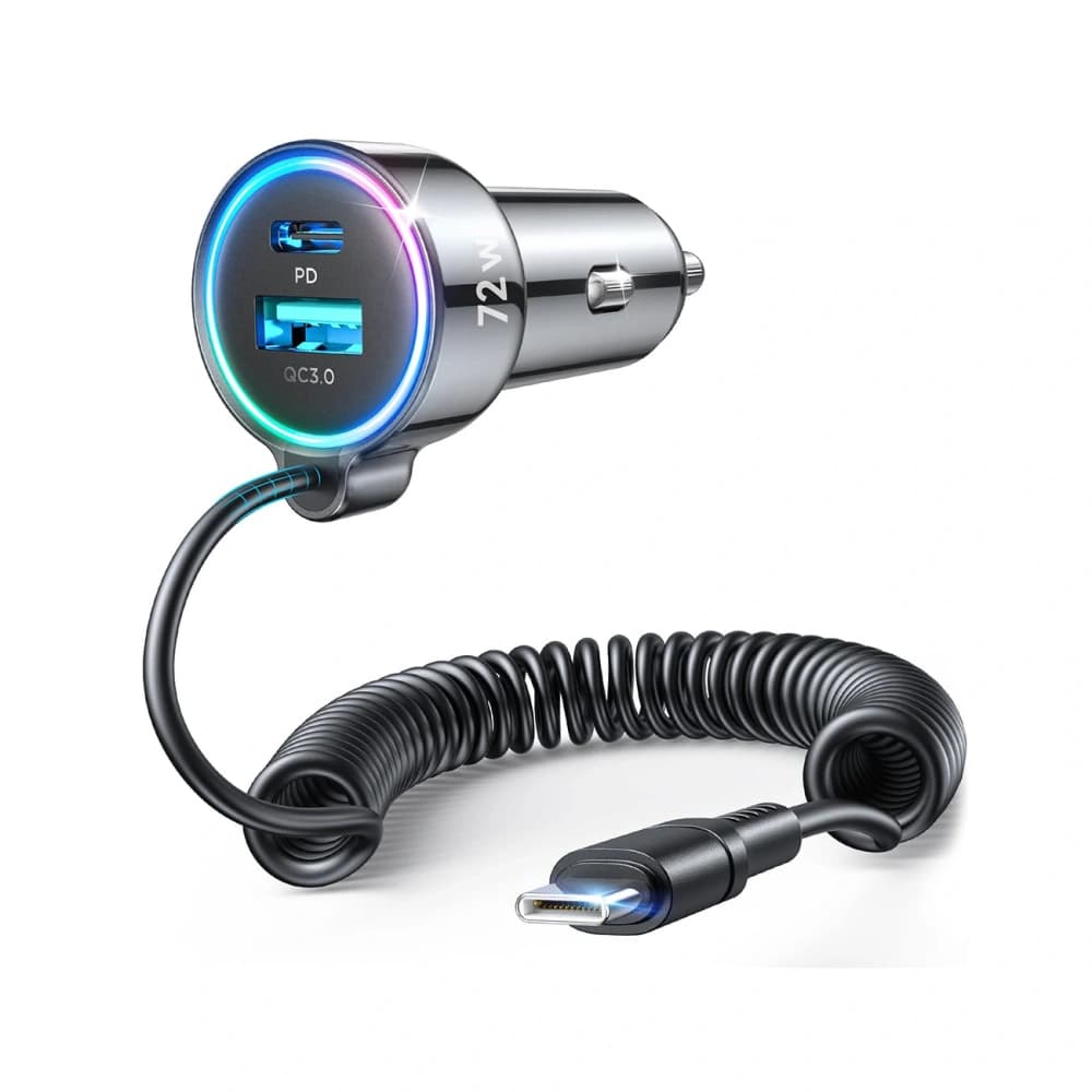 Joyroom JR-CL07 72W 3-in-1 Car Charger with Built-in 1.6m USB-C Cable Black - 1
