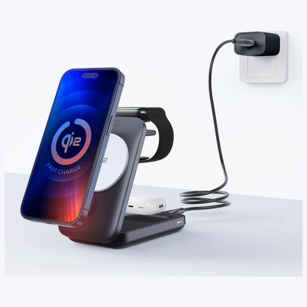 3MK MagRocket 3-v-1 15W Qi2 MPP Černá Bezdrátová nabíječka - 3