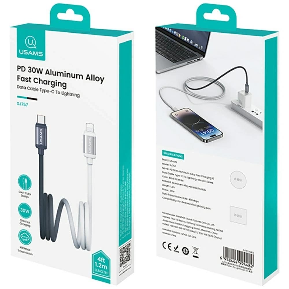 USAMS Bicolor Series SJ757 PD 30W USB-C / Lightning kabel 1,2 m černobílý - 8