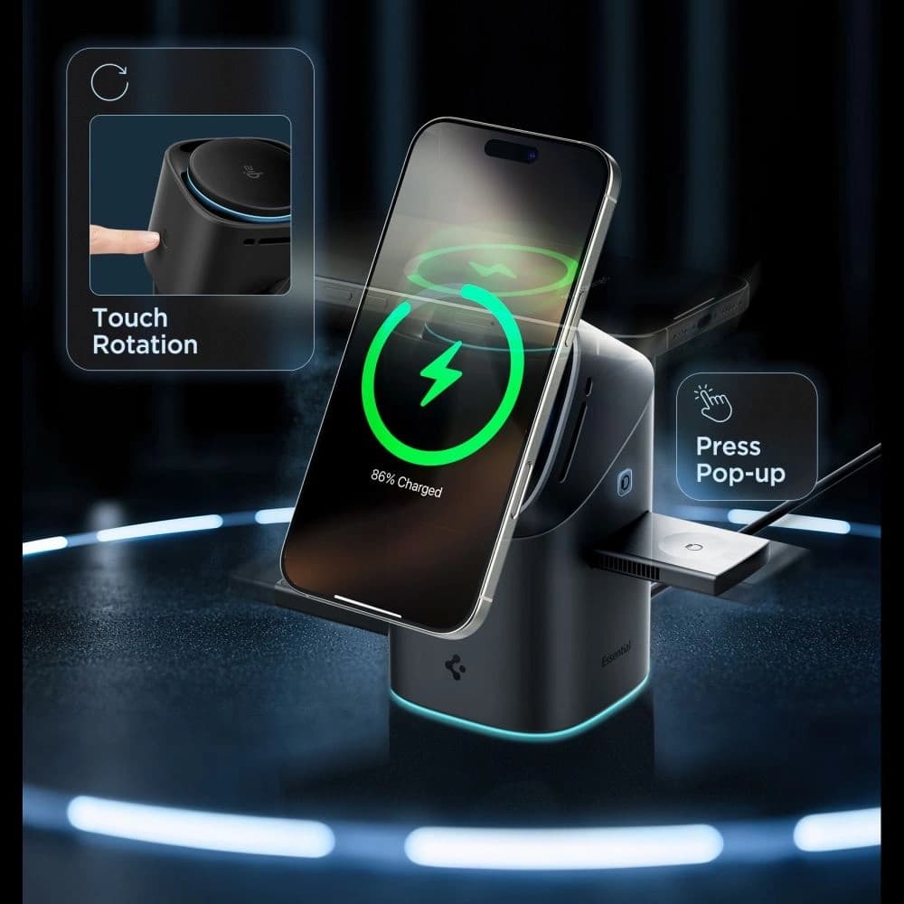 Spigen Essential Ef223ms 3in1 Qi2 Rotary Magnetic Magsafe Wireless Charger Black - 6