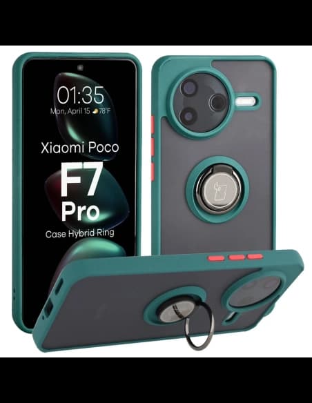Caz Bizon Hybrid Ring Xiaomi POCO F7 Pro fumuriu cu un cadru verde închis