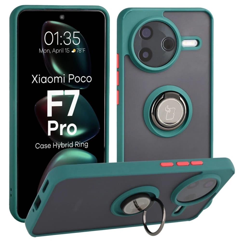 Caz Bizon Hybrid Ring Xiaomi POCO F7 Pro fumuriu cu un cadru verde închis - 1