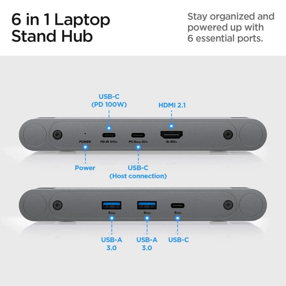 Spigen LD204H Laptop-Ständer USB-C Hub 6w1: 100W Ladeleistung, HDMI 4K, 2x USB-A, 5Gb/s Übertragung, Space Grey - 4