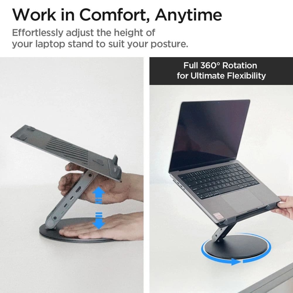 Spigen LD204H Laptop-Ständer USB-C Hub 6w1: 100W Ladeleistung, HDMI 4K, 2x USB-A, 5Gb/s Übertragung, Space Grey - 6