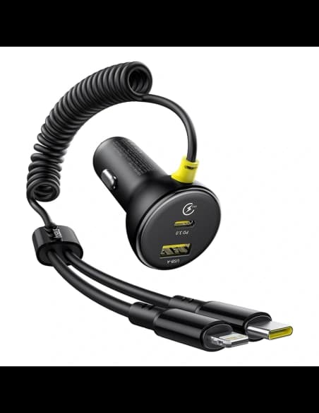 Baseus Circular 60W Car Charger USB-A, USB-C with Built-in Lightning Cable, 1.4m USB-C Black