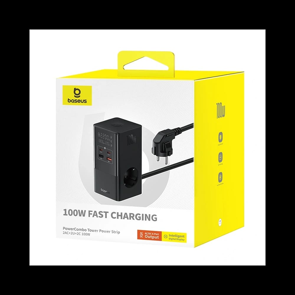 Nabíjecí stanice Baseus PowerCombo Tower 100W 2xAC, 2xUSB-A + 2x USB-C 1,5m černá - 7