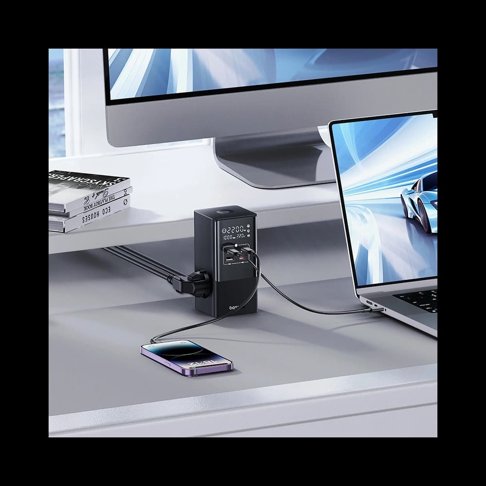 Nabíjecí stanice Baseus PowerCombo Tower 100W 2xAC, 2xUSB-A + 2x USB-C 1,5m černá - 10