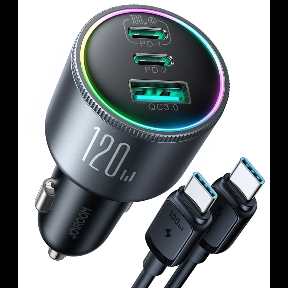 Automobilová nabíječka Joyroom JR-CCN07 120W 2xUSB-C, USB-A + kabel USB-C 100W tmavě šedá - 1