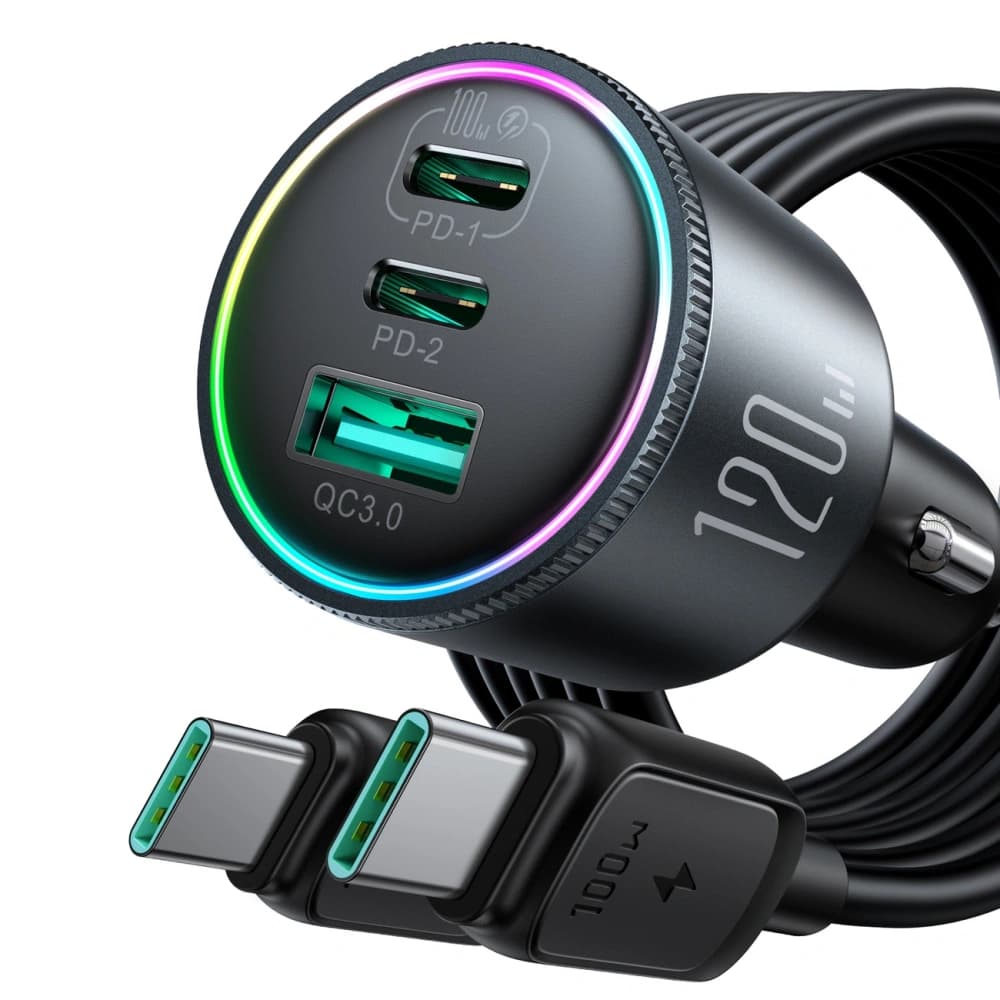 Automobilová nabíječka Joyroom JR-CCN07 120W 2xUSB-C, USB-A + kabel USB-C 100W tmavě šedá - 7