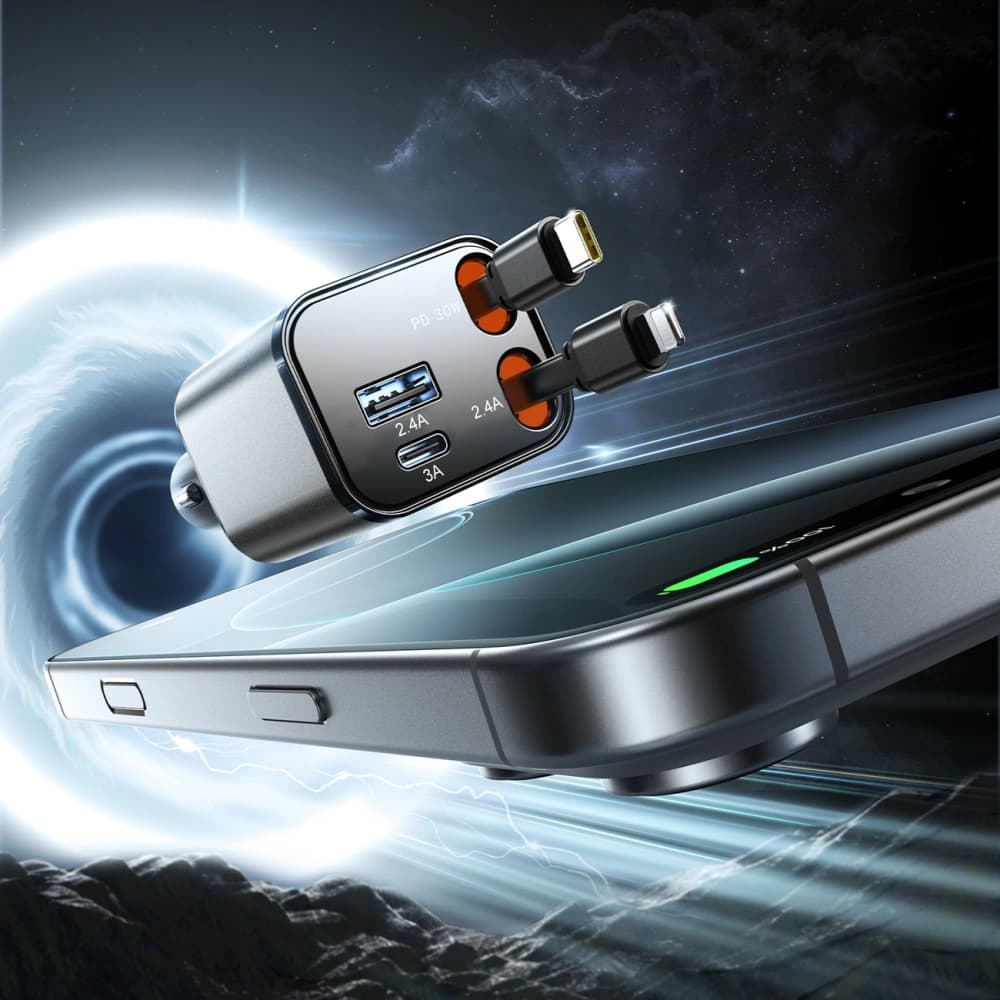 Încărcător auto Joyroom JR-CCL05 30W 4 în 1 cu cabluri integrate USB-C, Lightning, gri închis - 5