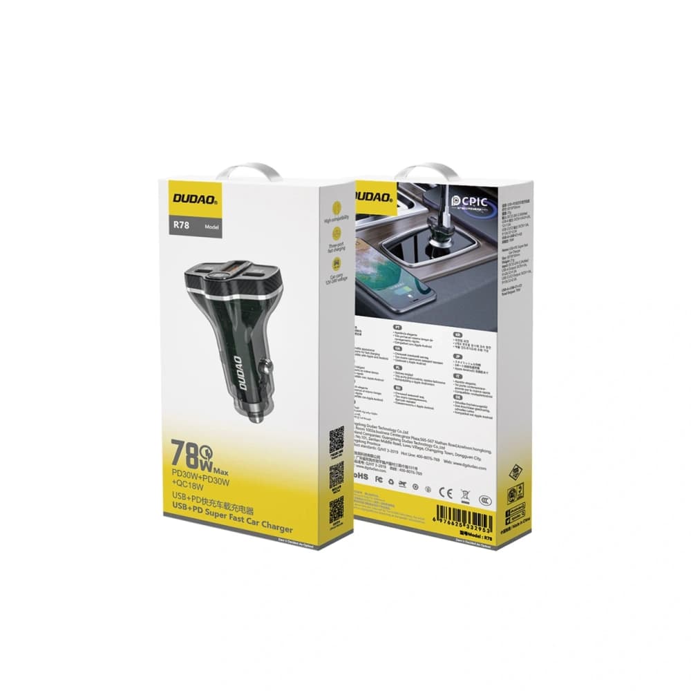 Încărcător auto Dudao R78 78W USB-C PD, 2xUSB-A QC negru - 2