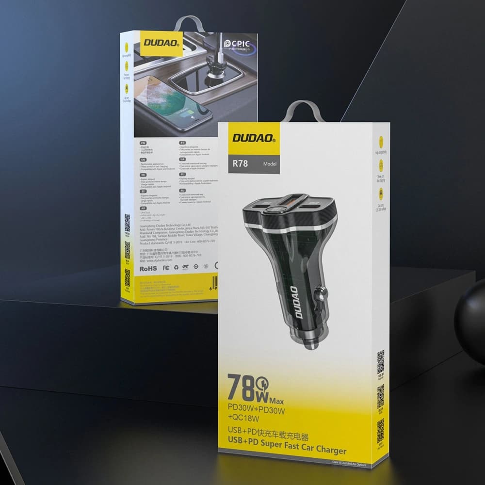 Încărcător auto Dudao R78 78W USB-C PD, 2xUSB-A QC negru - 3