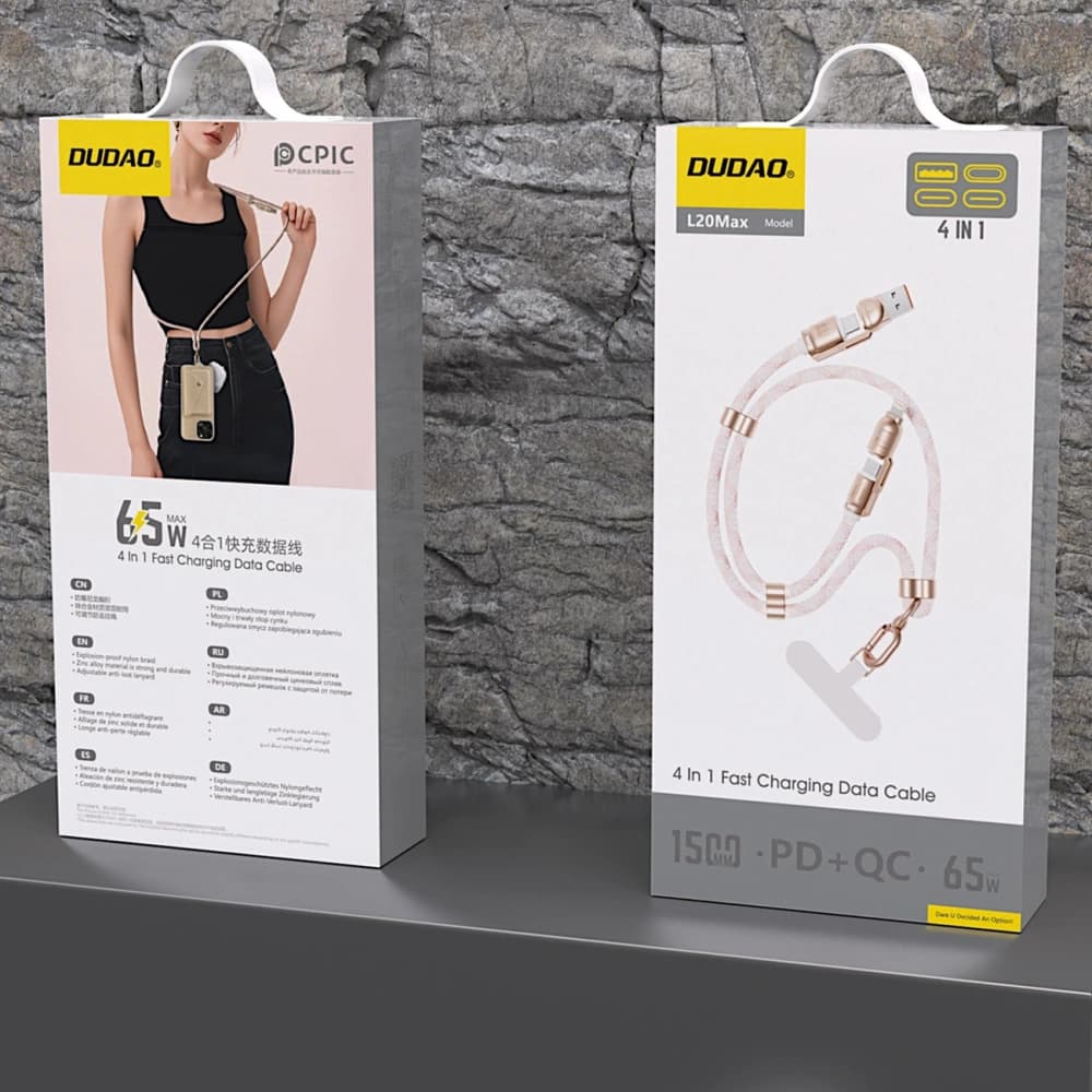 Dudao L20MAX 4-in-1 Cable with Lanyard USB-A / USB-C 65W, USB-C / Lightning 27W PD QC 1.5m Pink - 3
