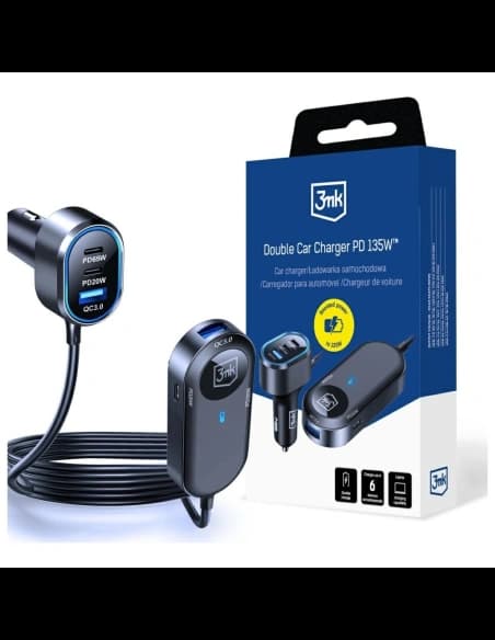 3MK Double Car Charger 135W PD QC PPS 2xUSB-A 4xUSB-C grey