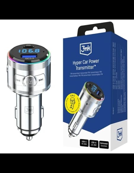 3MK Hyper Car Power Transmitter 48W QC PD PPS USB-C / USB-A z transmiterem audio silver