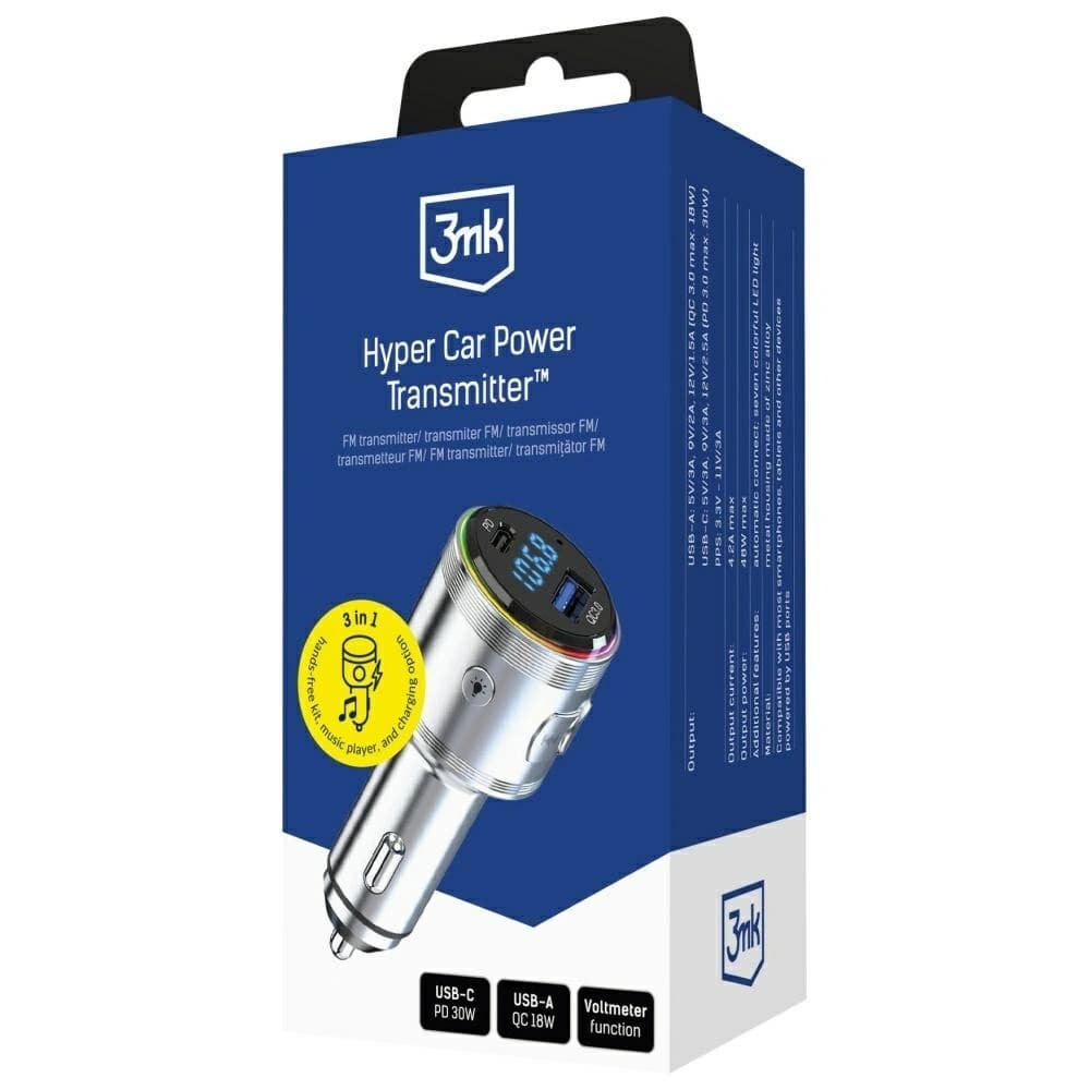 Transmițător de putere 3MK Hyper Car 48W QC PD PPS USB-C / USB-A cu transmițător audio argintiu - 8