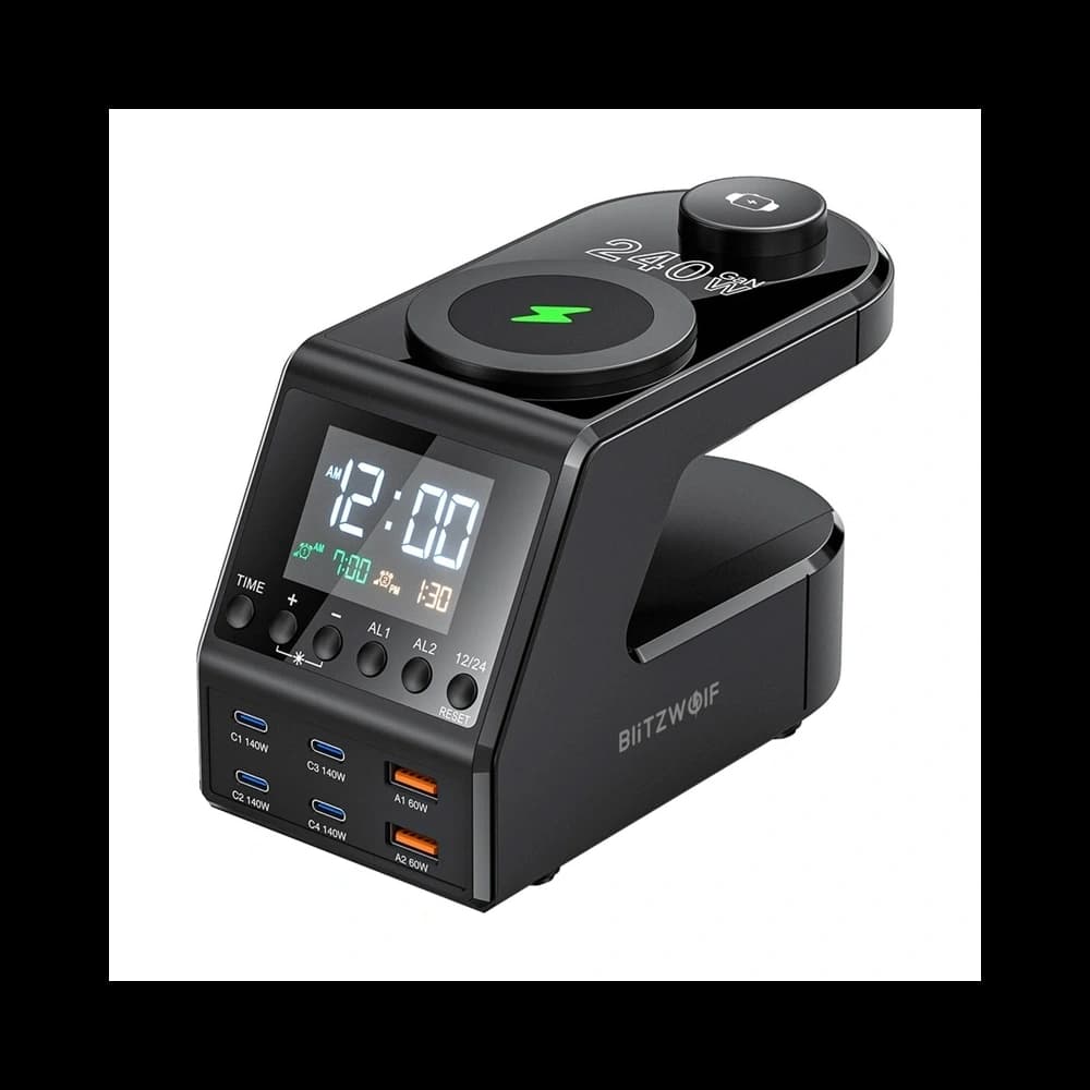 Blitzwolf BW-FW10 Budík s bezdrátovou nabíječkou 2xUSB-A 60W, 4xUSB-C 120W, pro telefon, hodinky - 1
