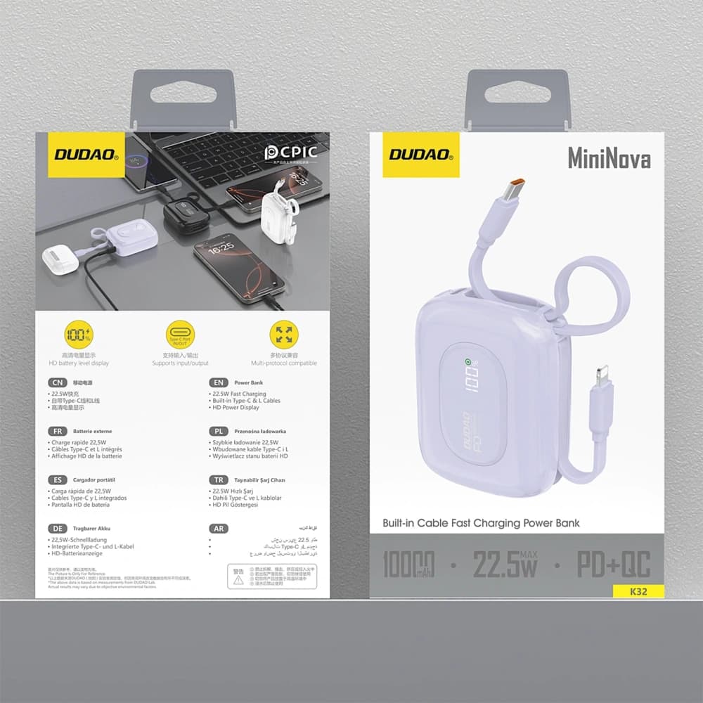 Powerbank Dudao K32 10000 mAh z wbudowanym kablem USB-C/Lightning - fioletowy - 3