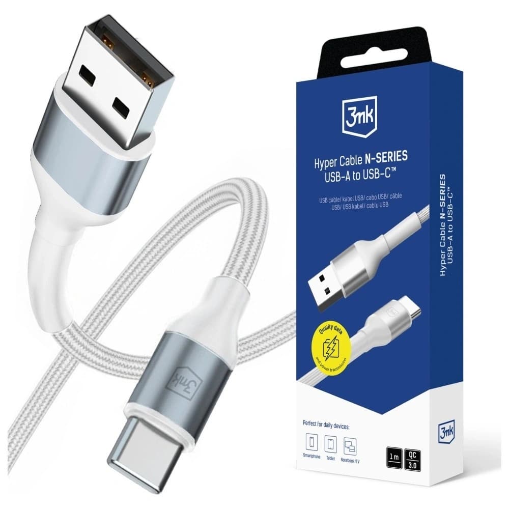 Kabel 3MK Hyper Cable N-SERIES USB-A do  USB-C 1m 9V/2A 18W biały - 1