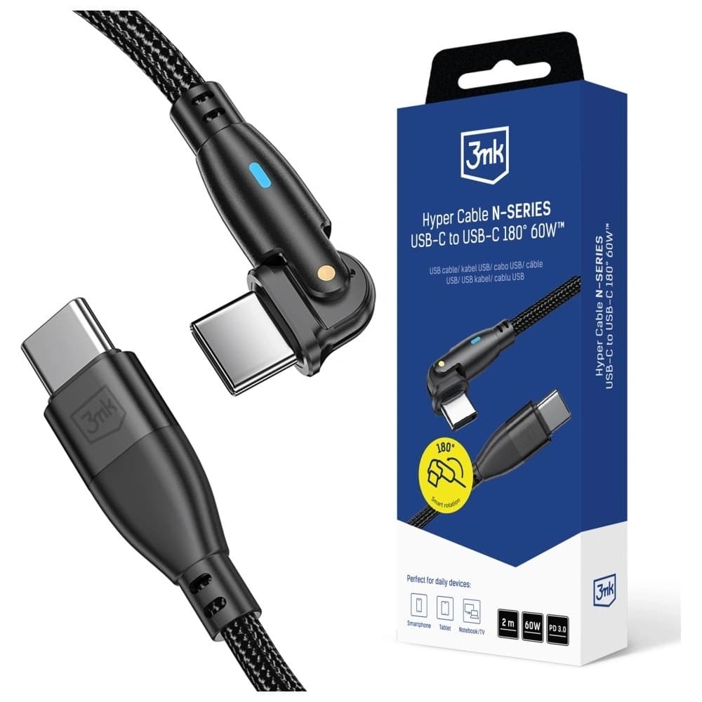 Kabel 3MK Hyper Cable N-SERIES USB-C do  USB-C 2m 20V/3A 60W obrotowy czarny - 1