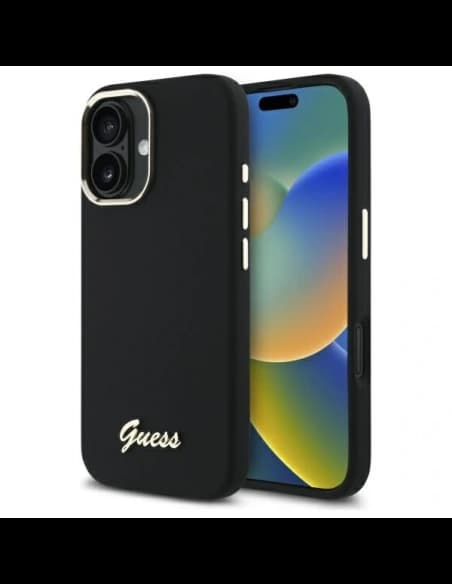 Cumpără Carcasa din silicon pentru Apple iPhone 16 Plus cu logo metalic și cadru negru.